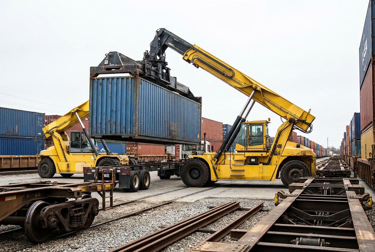 Drayage container being lifted onto a chassis by a top-loader at an intermodal rail ramp with stacked containers in rows