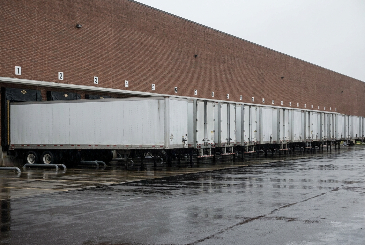 Row of dry van trailers backed into loading dock doors at a distribution center yard