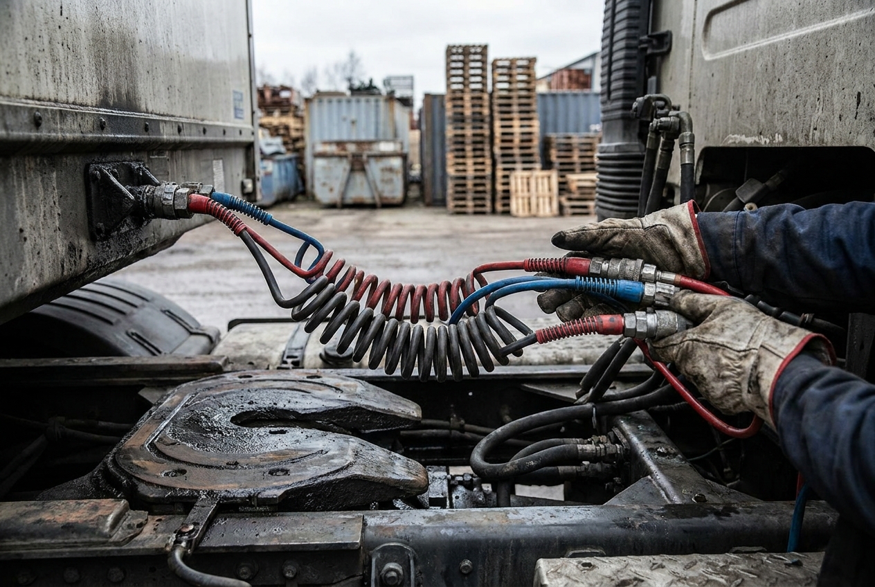 Truck driver connecting glad-hand air lines and electrical cable between a tractor and a parked trailer