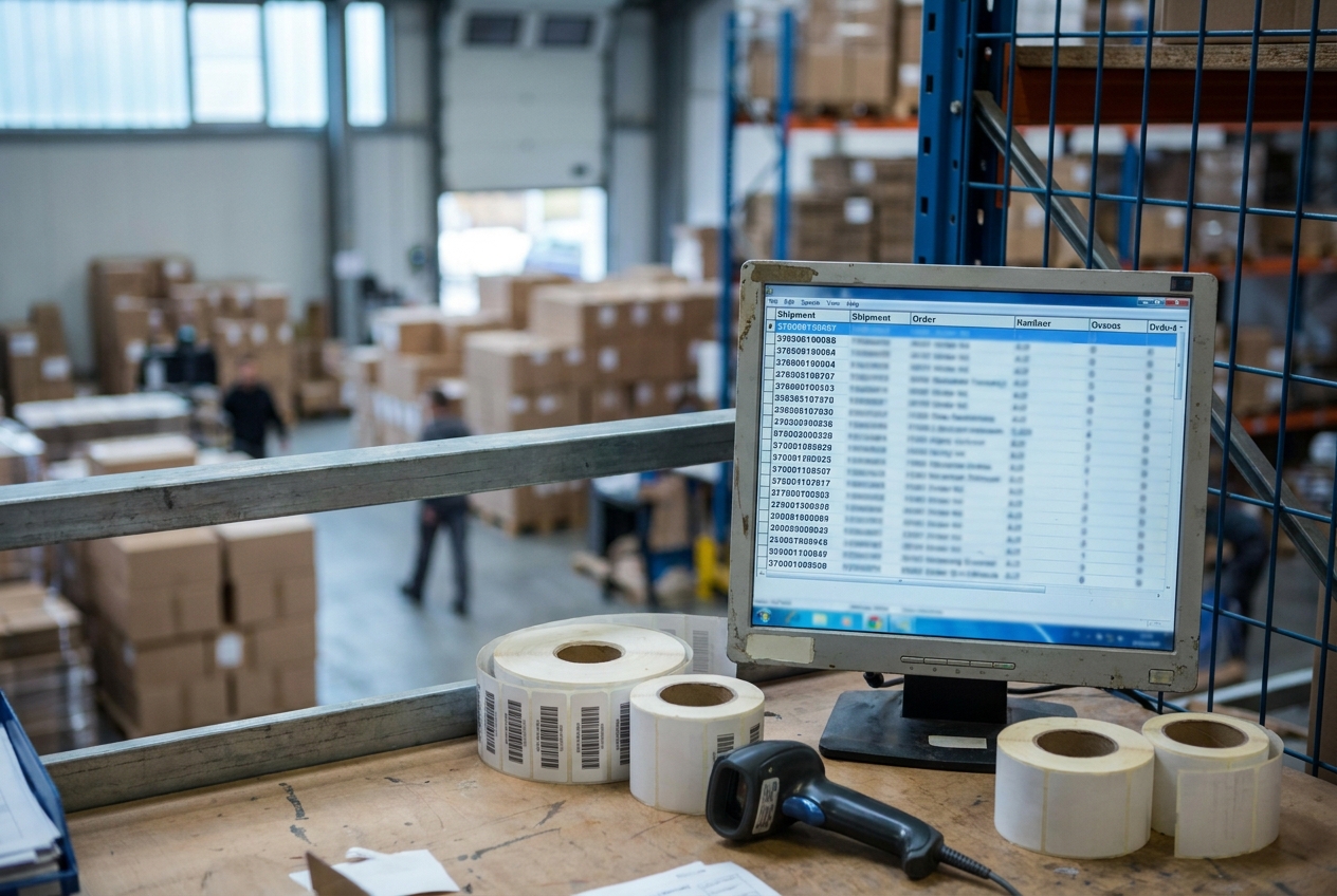 Warehouse worker at a computer terminal reviewing a shipment order next to pallets staged at a loading dock