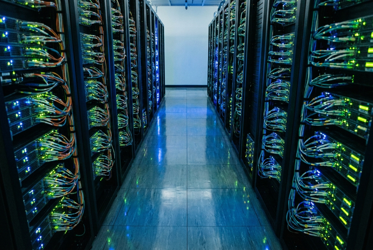 Rows of server racks in a data center representing the network that routes EDI documents between trading partners