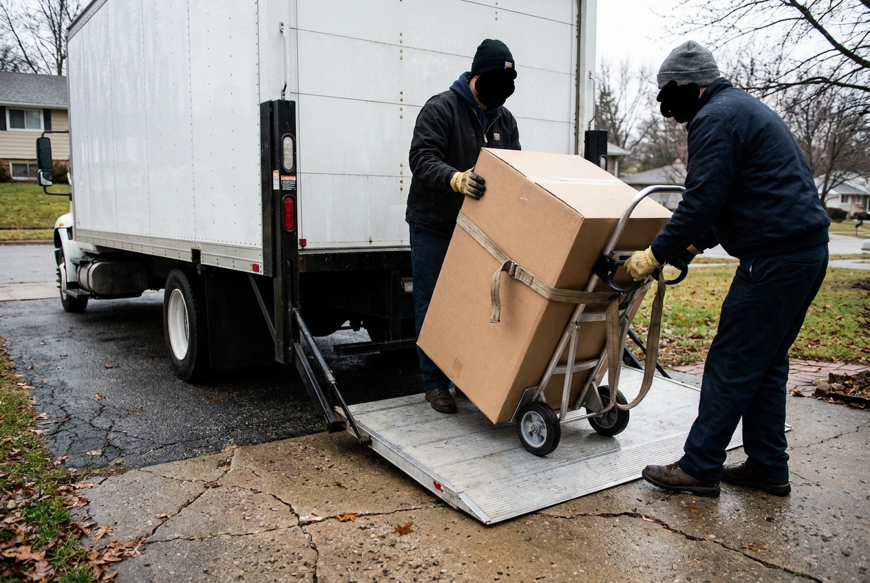 A two-person crew unloading a large boxed appliance from a box truck with a liftgate at a residential driveway