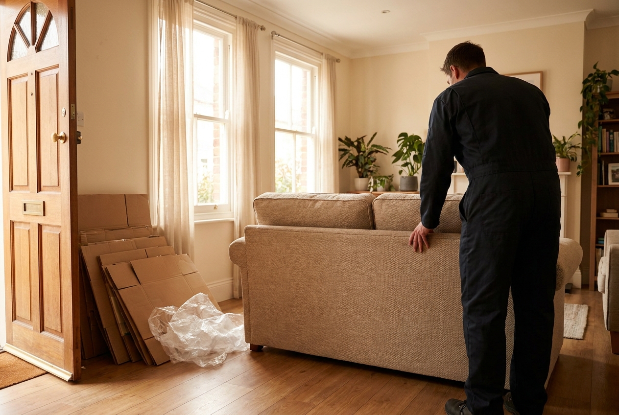 A delivery worker positioning a large sofa inside a living room during a scheduled white glove appointment