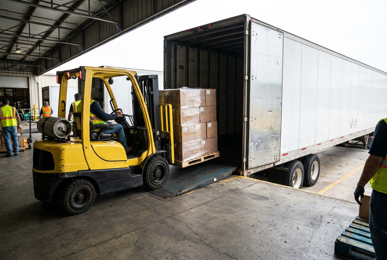Forklift loading shrink-wrapped pallets into a 53-foot dry van trailer at a warehouse loading dock