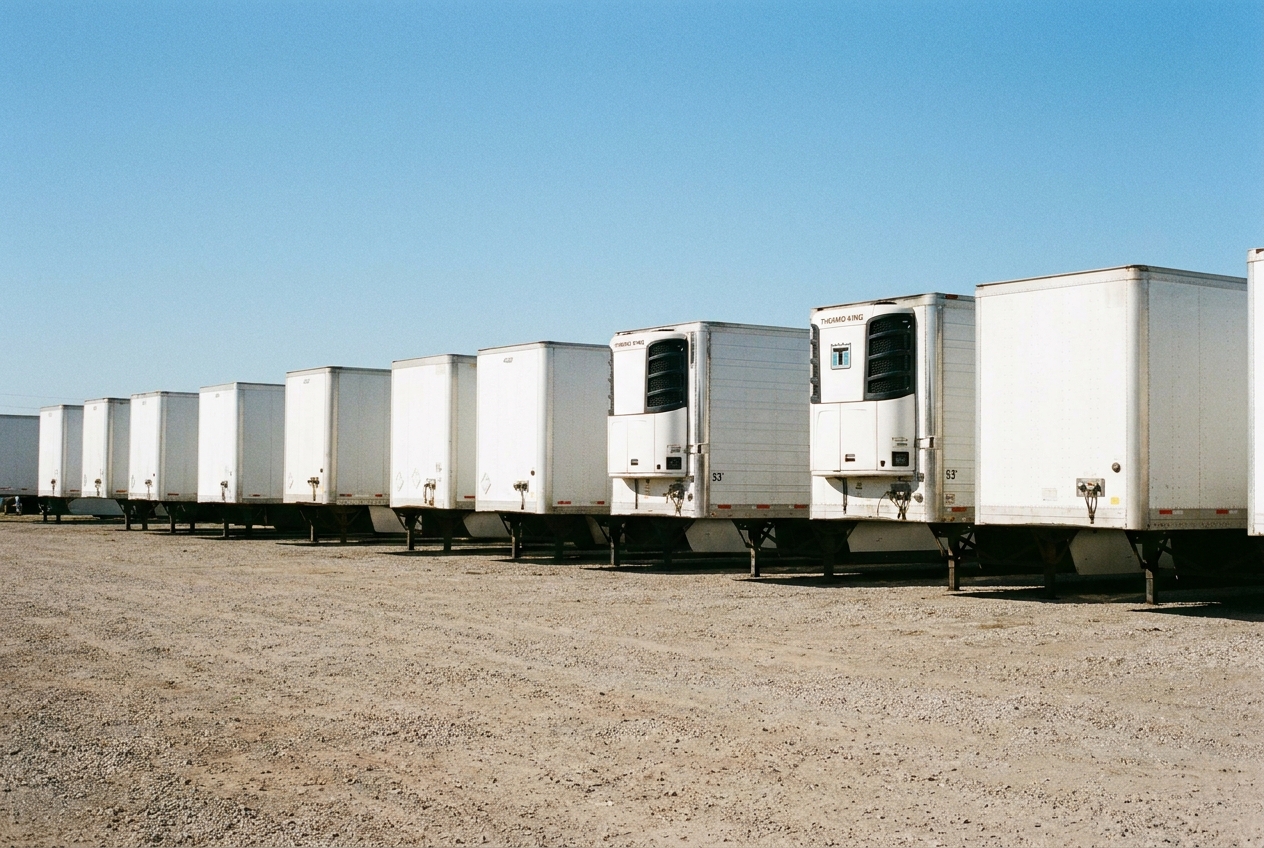 Line of 53-foot dry van and refrigerated trailers parked in a freight carrier yard under a clear sky