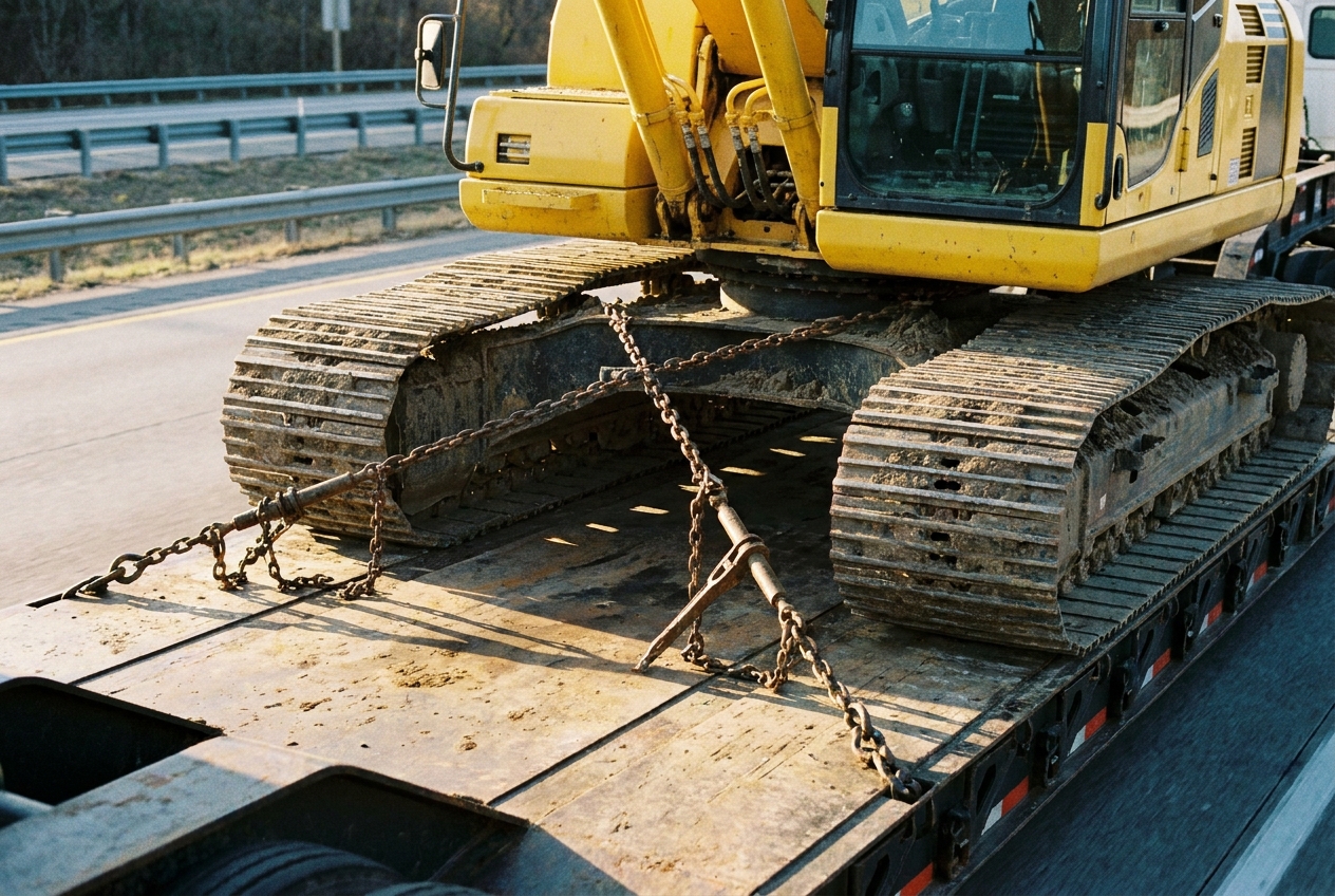 Yellow excavator secured with chains on a low-deck lowboy heavy haul trailer on a highway