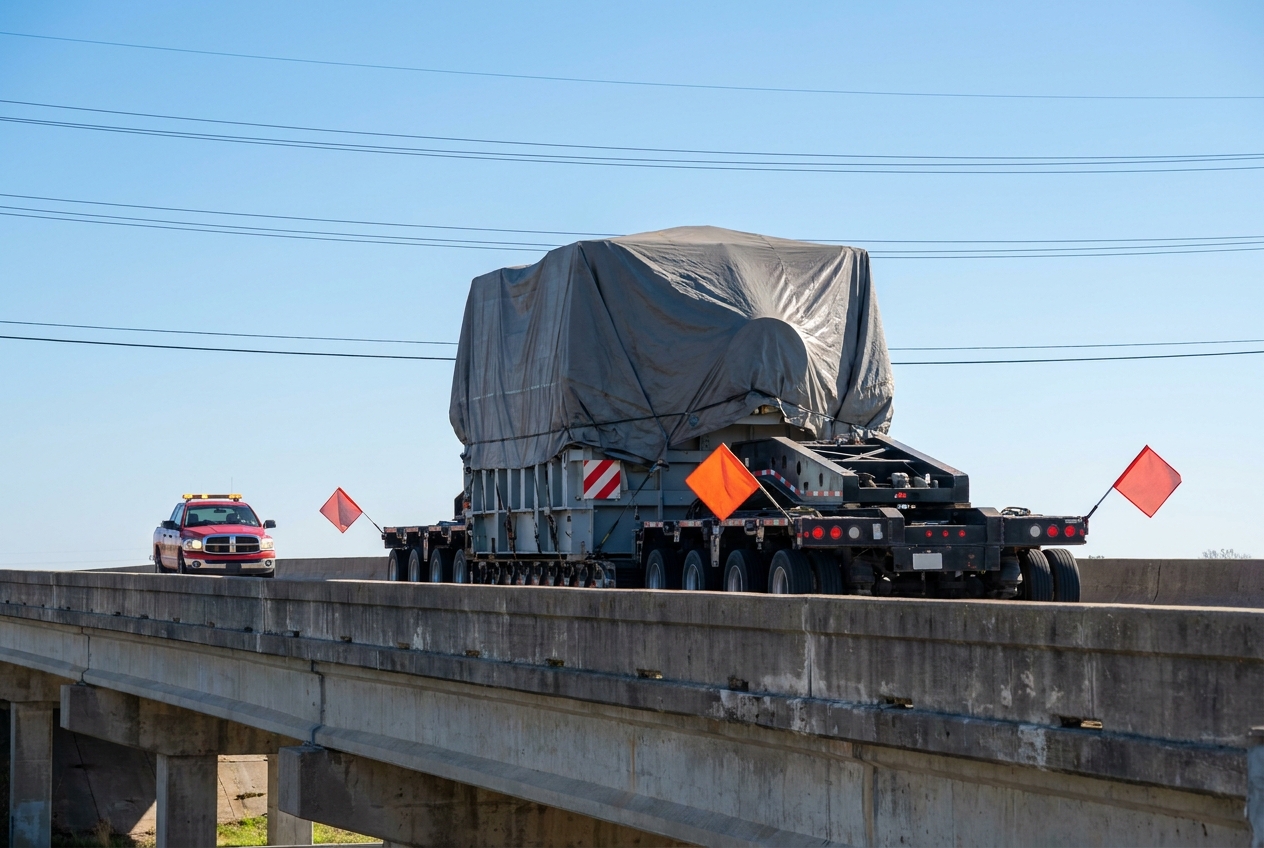 Wide load semi truck with a red pilot car escort and warning flags crossing a highway bridge