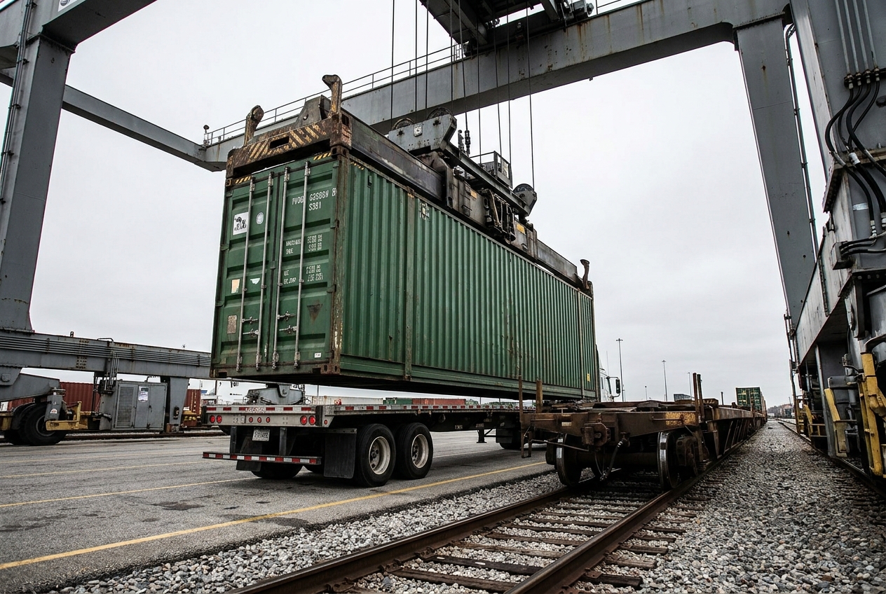 Overhead crane lifting a 53-foot domestic intermodal container from a truck chassis onto a double-stack rail well car at a rail ramp