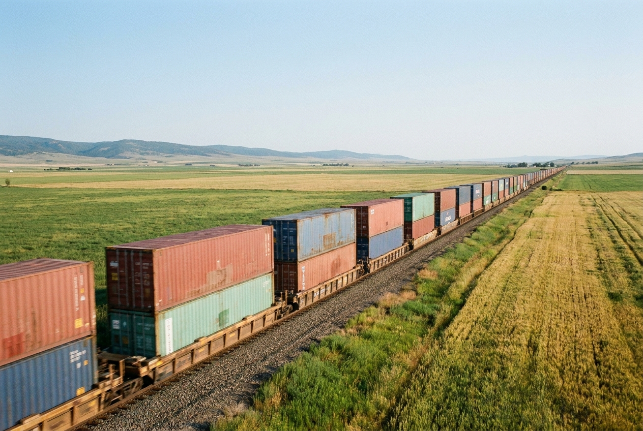 Long double-stack intermodal train loaded with stacked shipping containers moving through open countryside under a clear sky