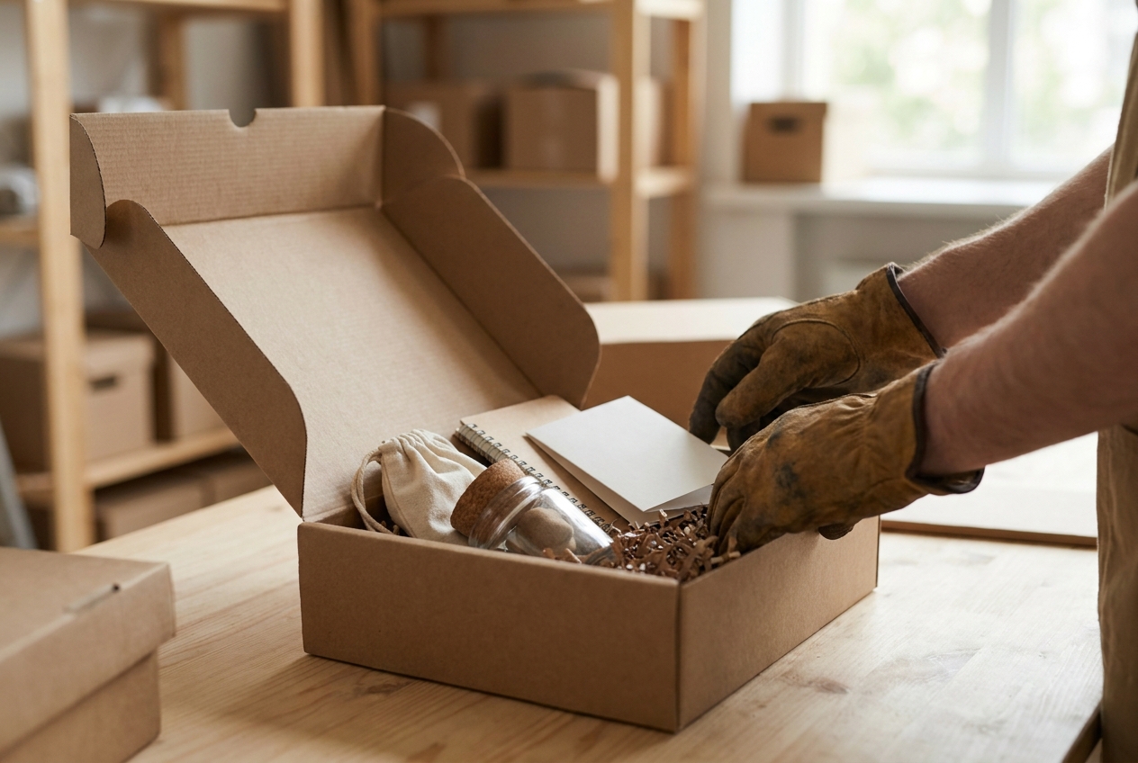 Warehouse worker assembling a subscription box kit from separate product components at a packing table