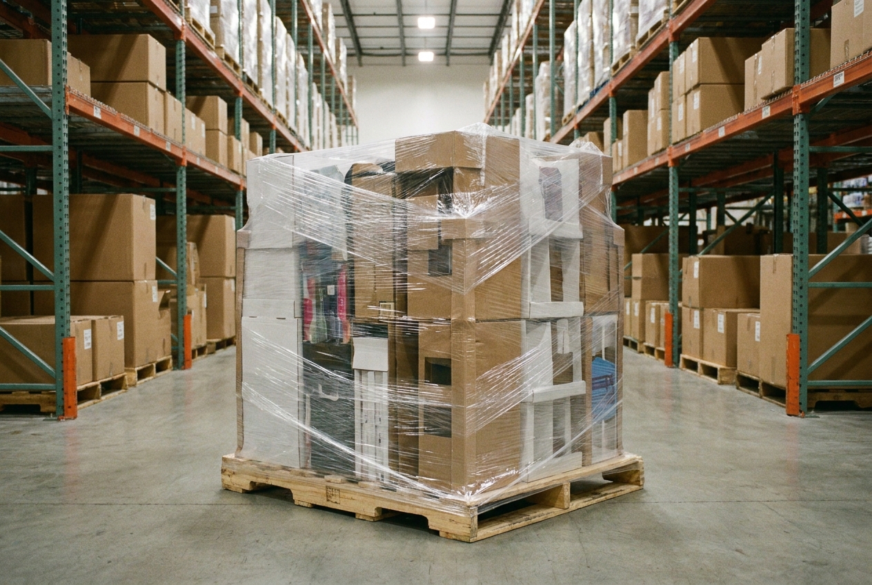 Pallet of finished retail display kits shrink-wrapped and staged in a fulfillment warehouse