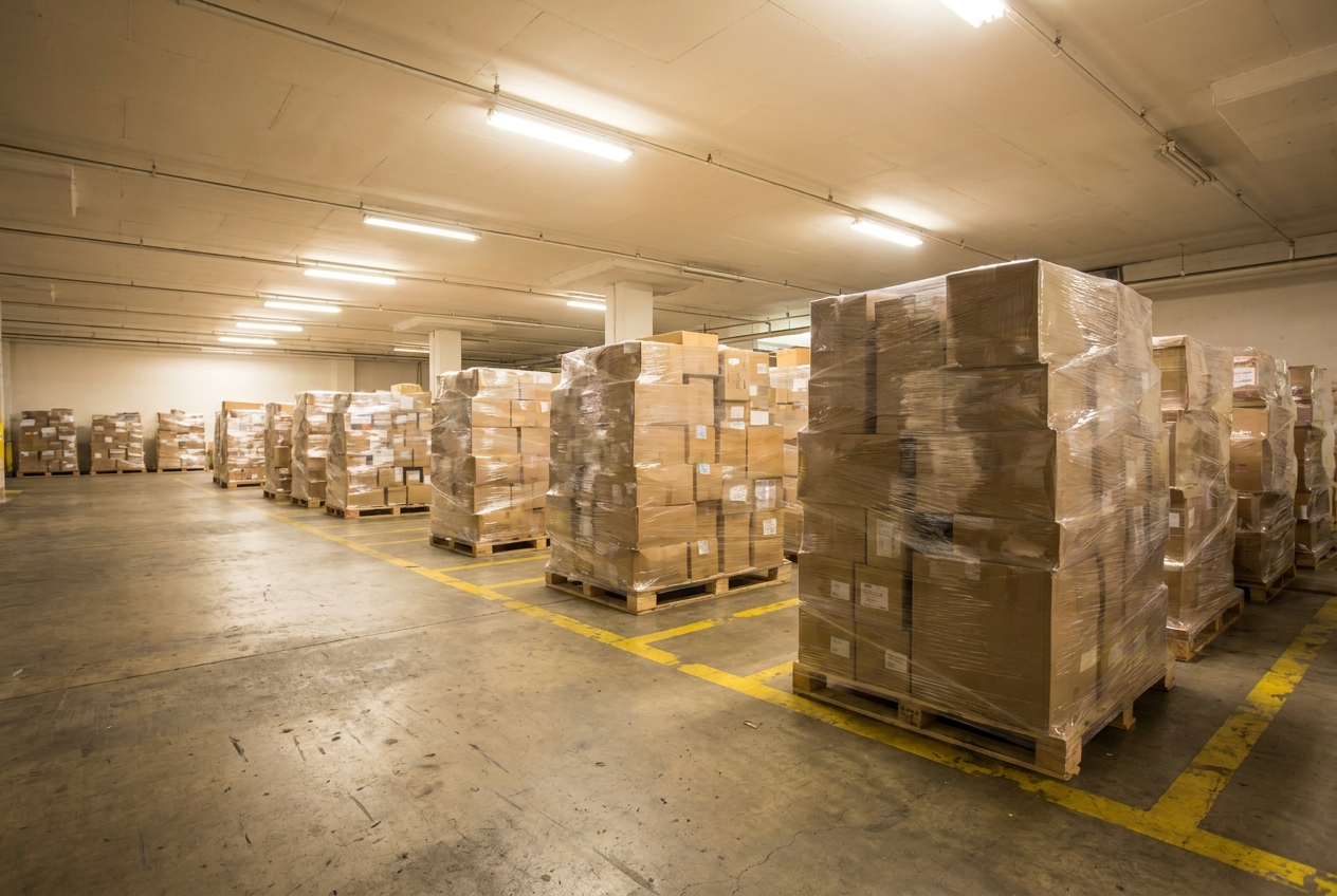 Shrink-wrapped pallets of mixed freight staged in rows on a warehouse dock floor before LTL pickup