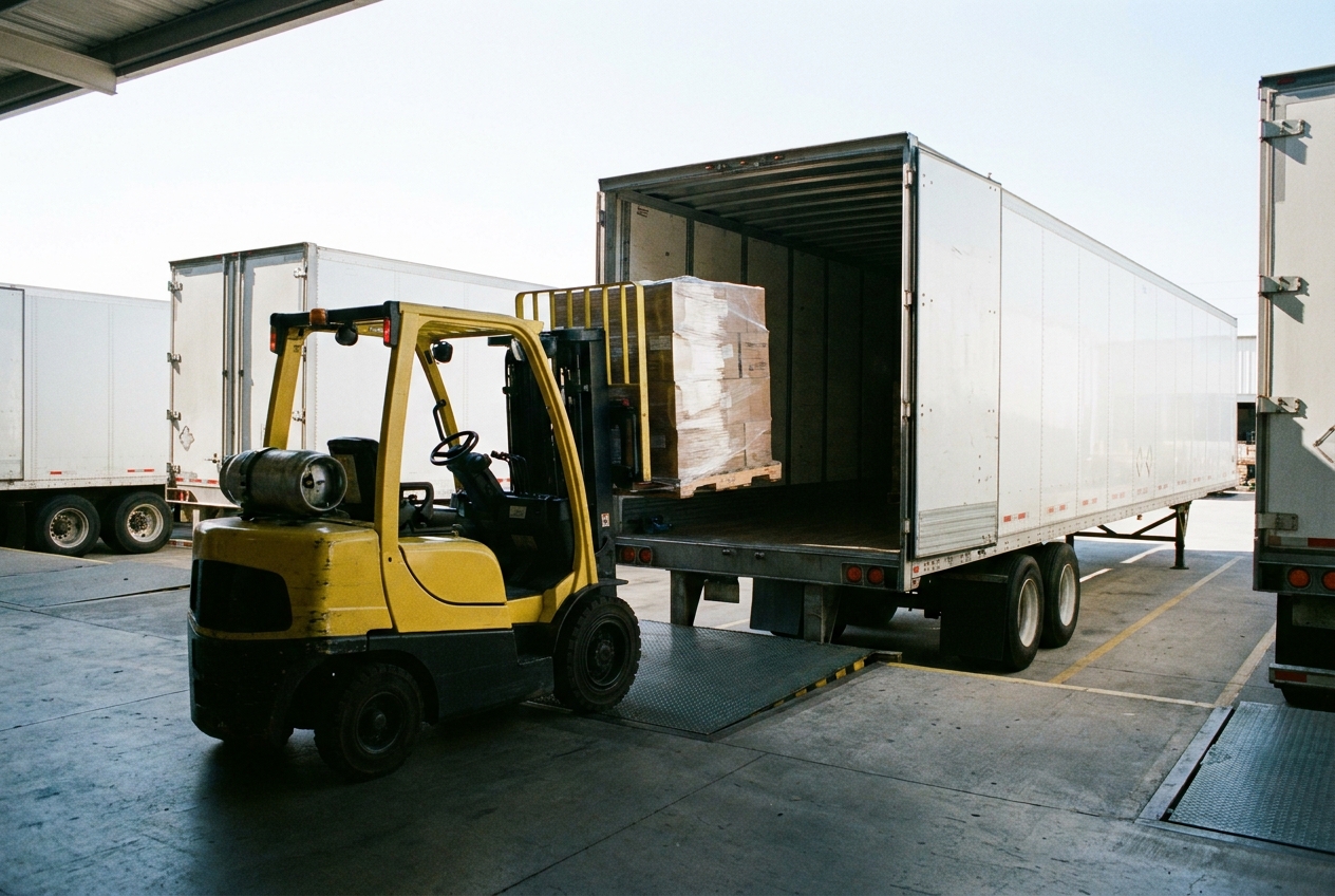 Forklift lifting a shrink-wrapped pallet into the rear of a 53-foot dry van trailer at a freight terminal dock