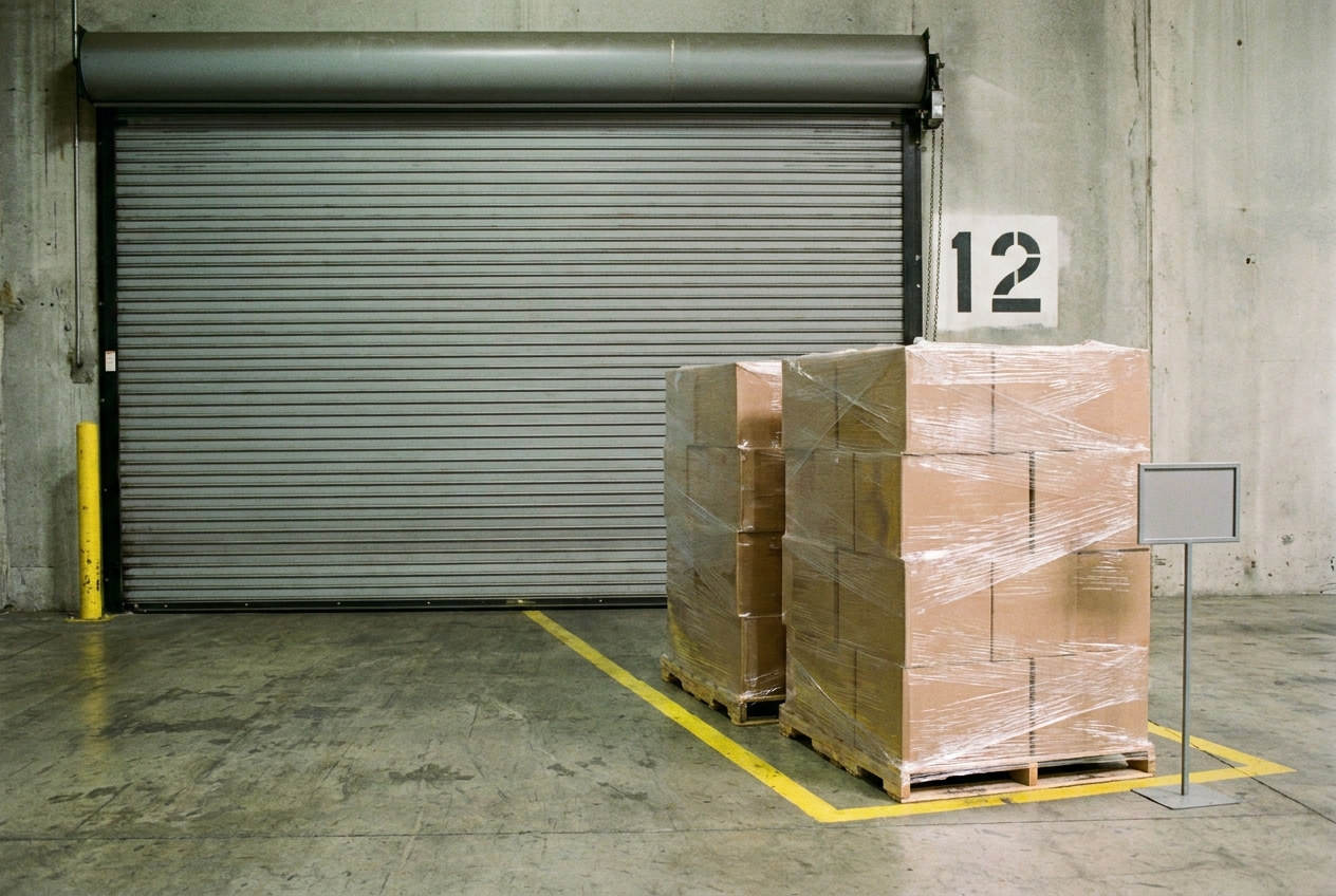Palletized retail cases staged at a warehouse dock door waiting for a scheduled delivery appointment