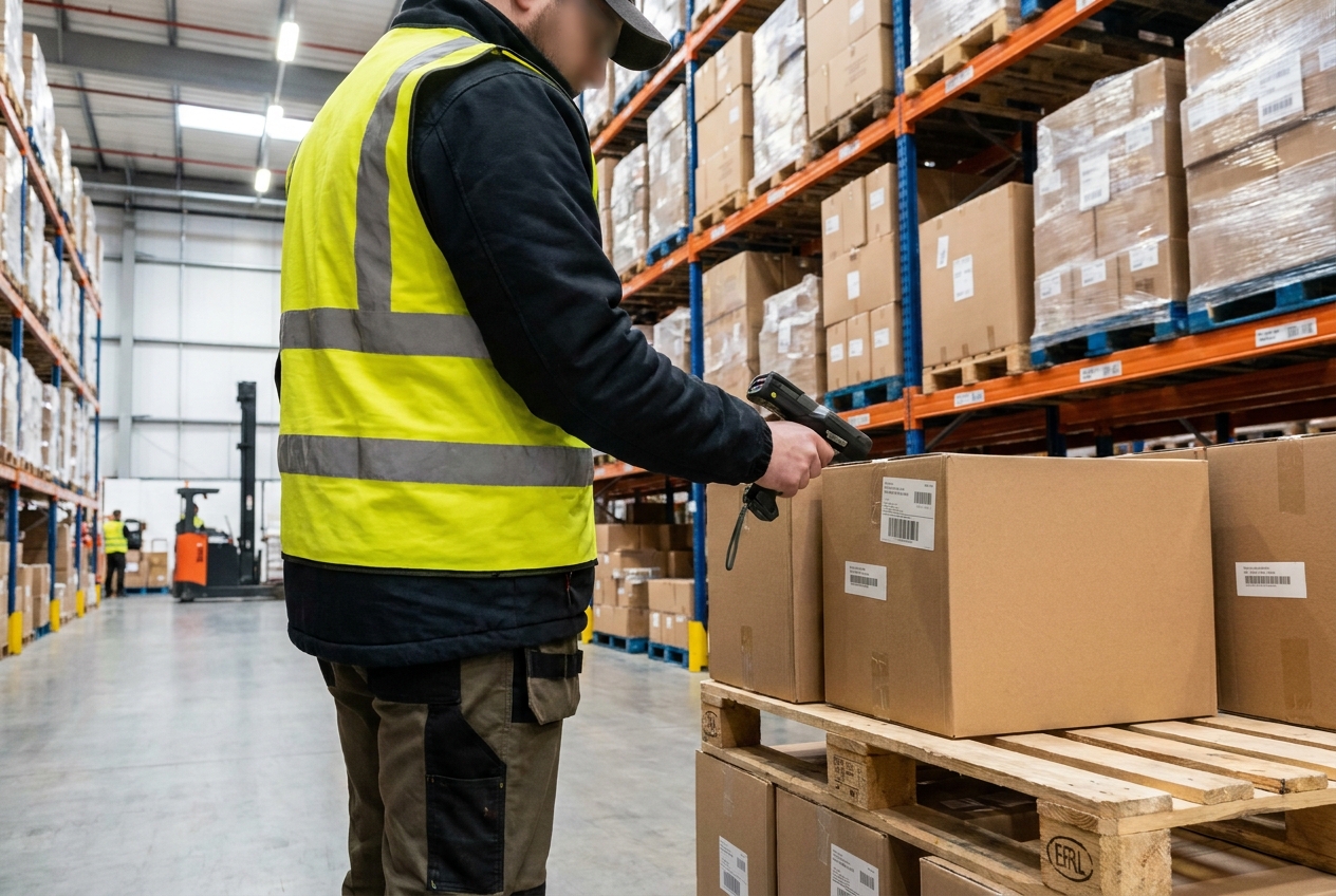 Warehouse worker scanning cases on a pallet during order picking to verify full quantity before shipment
