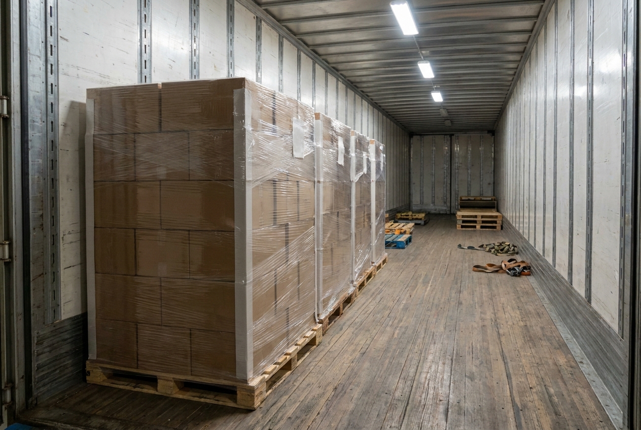 Palletized freight staged on one side of a 53-foot dry van trailer with open space remaining for another partial load
