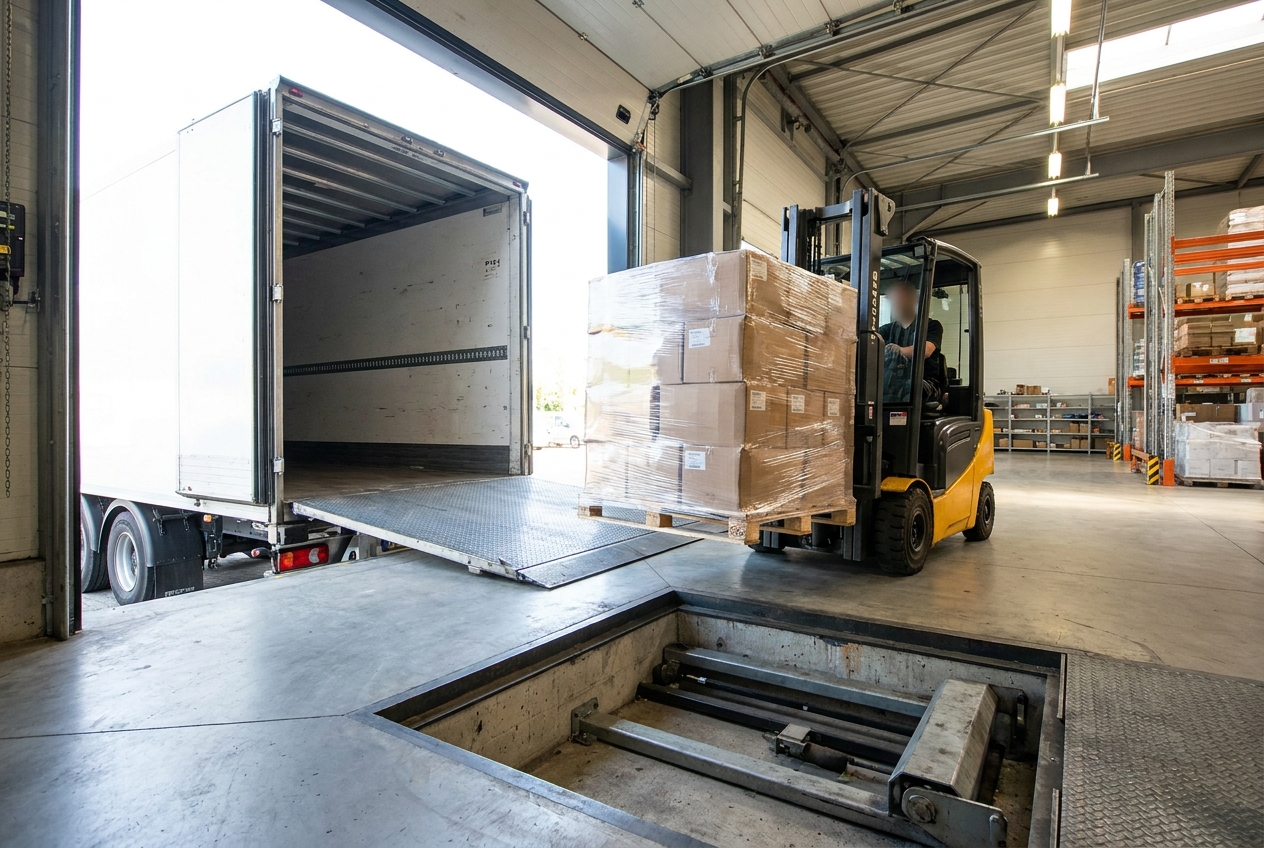 Forklift loading a shrink-wrapped pallet directly onto a trailer at a dock with fewer staging touches than a hub terminal