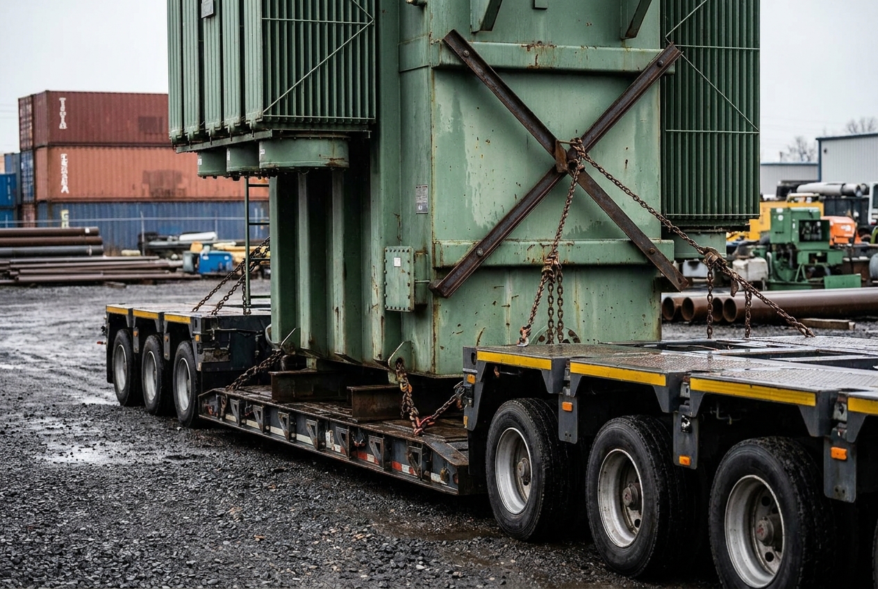 Large electrical power transformer loaded and strapped on a multi-axle hydraulic modular trailer at an industrial yard