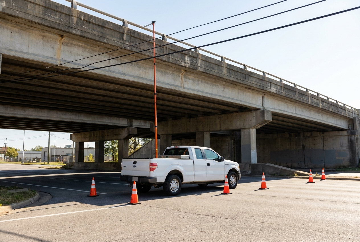 Surveyor measuring vertical clearance under a highway overpass along an oversized-load route with a marked survey vehicle nearby