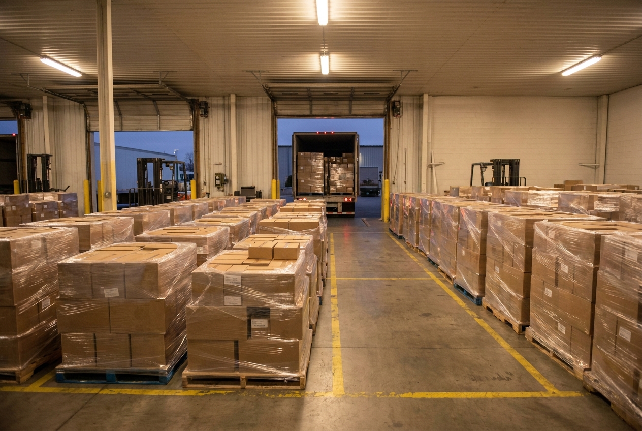 Palletized consumer goods staged in lanes on a consolidation center floor waiting to be loaded into an outbound trailer