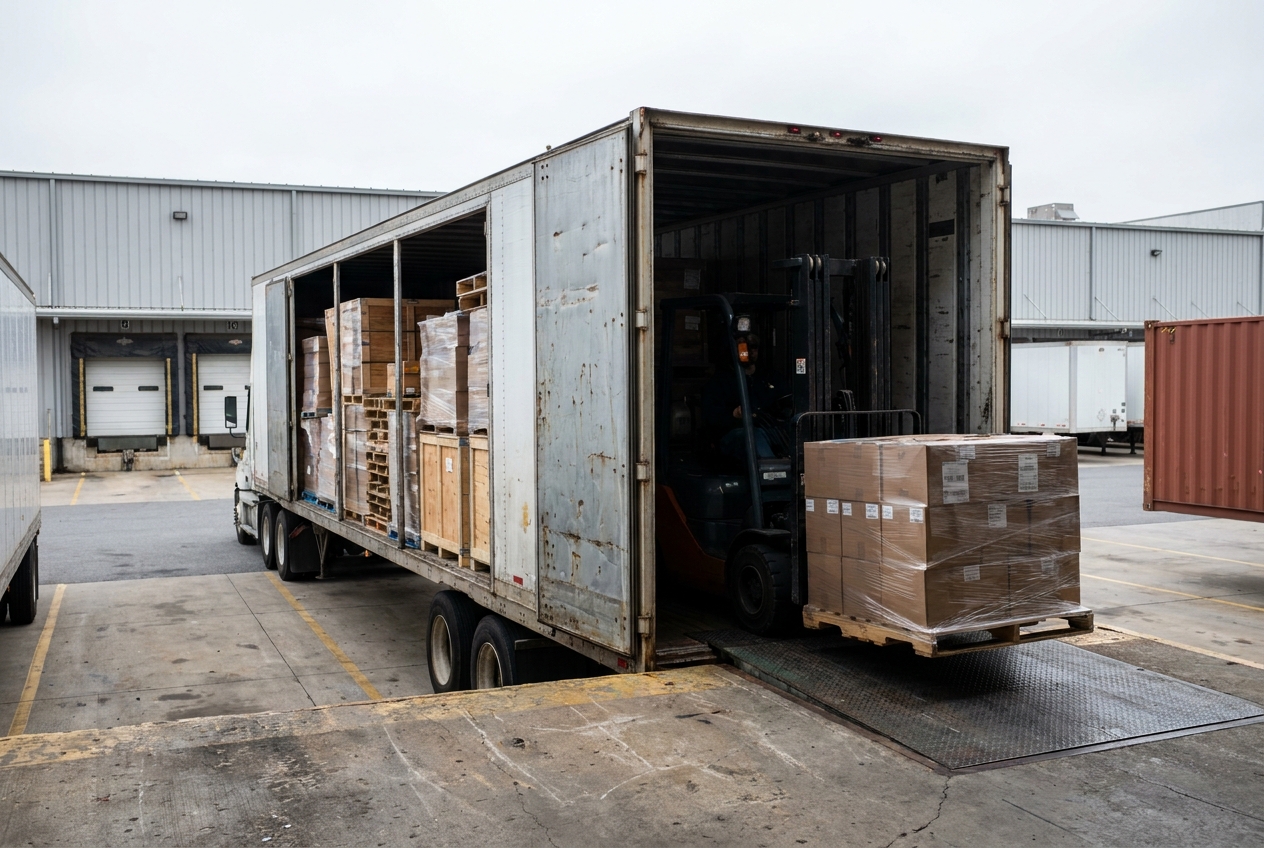 Full truckload trailer backed into a retail distribution center dock door being unloaded with a forklift
