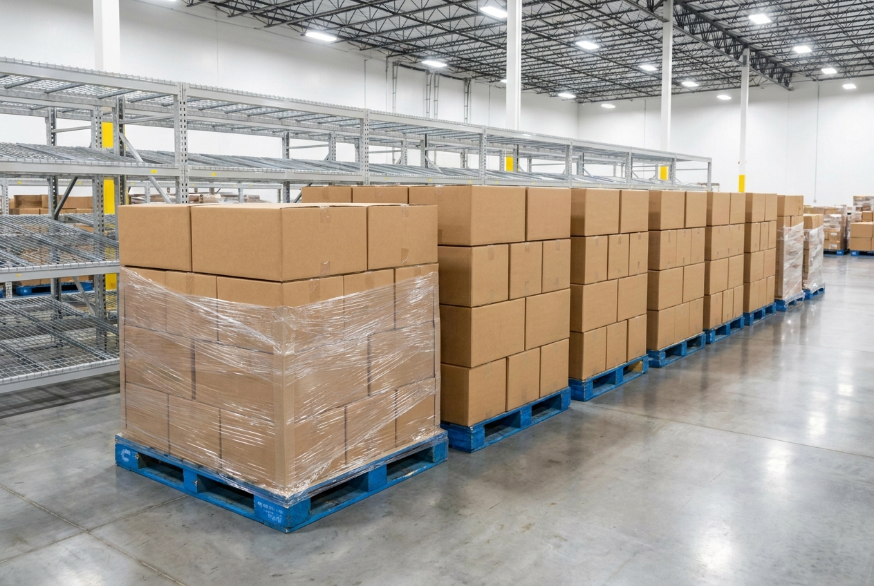 Boxed inventory stacked on pallets in a fulfillment warehouse with empty forward-pick shelving nearby