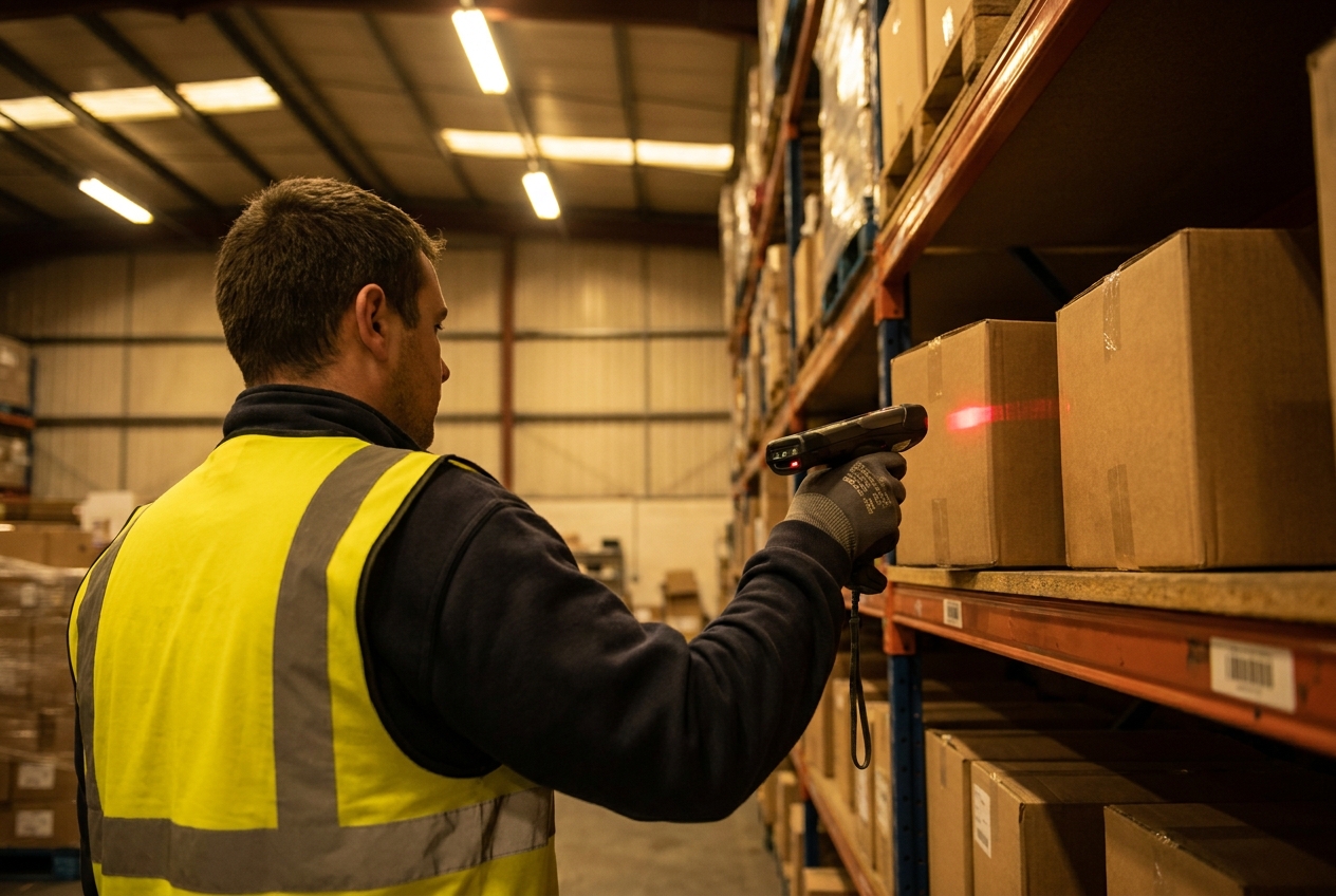 Warehouse worker at a shelving aisle scanning cartons during a replenishment putaway shift