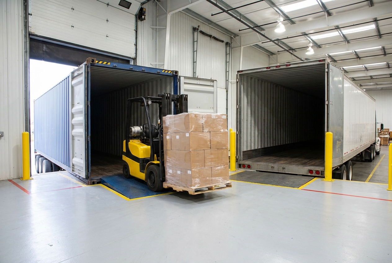 Forklift moving palletized boxes from an open 40-foot ocean container into a 53-foot dry van trailer at a transload warehouse dock