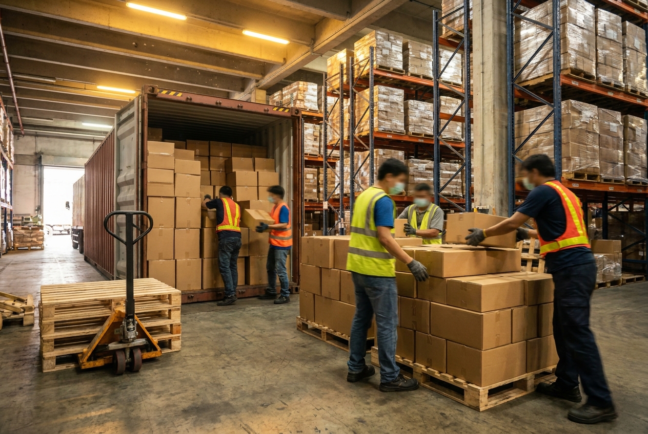 Workers hand-stacking floor-loaded cartons from an ocean container onto wooden pallets inside a busy port-area transload warehouse