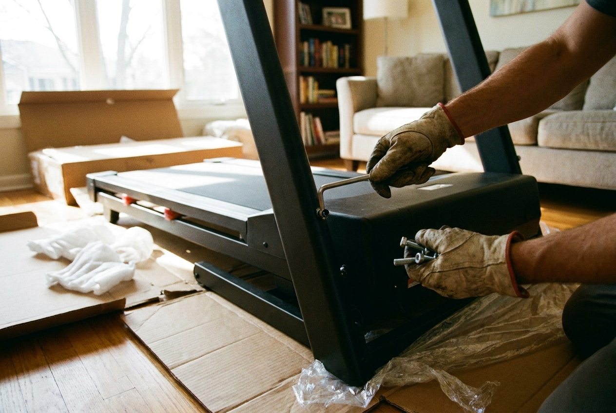 Gloved hands assembling a home treadmill in a living room with cardboard packaging and hand tools on the floor