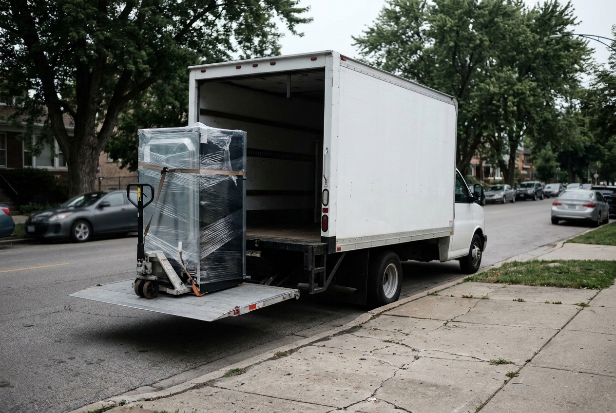 Box truck with a hydraulic liftgate lowering a shrink-wrapped appliance at a residential curb